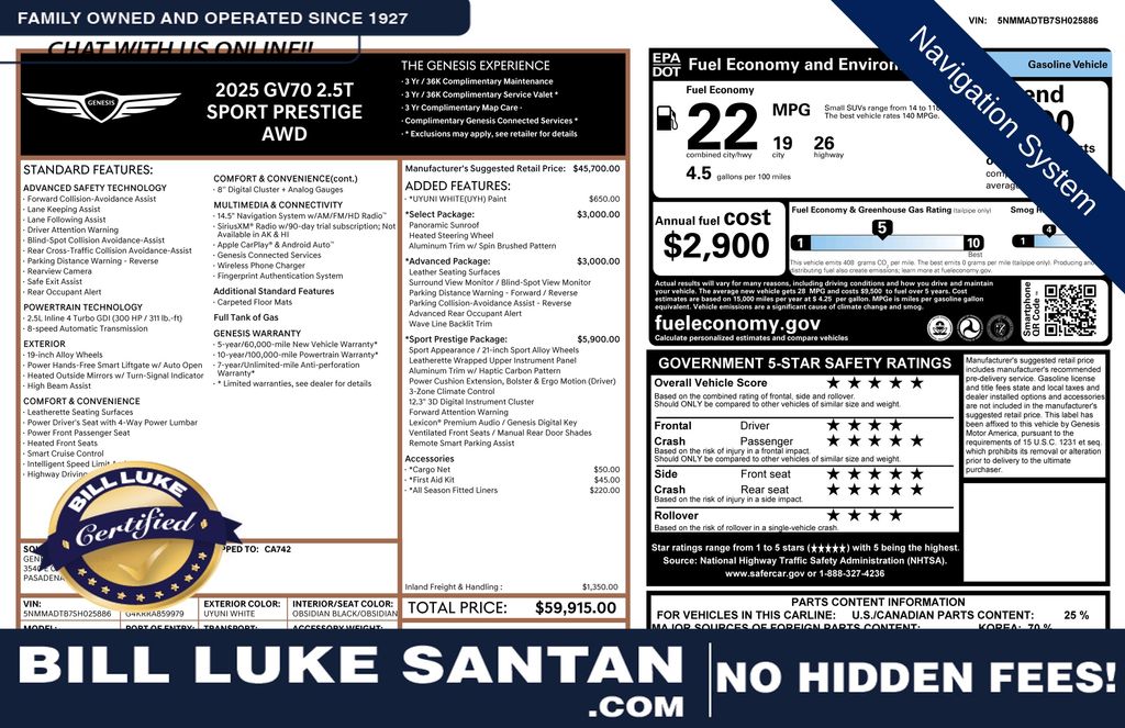 White 2025 Genesis GV70 2.5T Prestige AWD SUV / Crossover 8-Speed Automatic