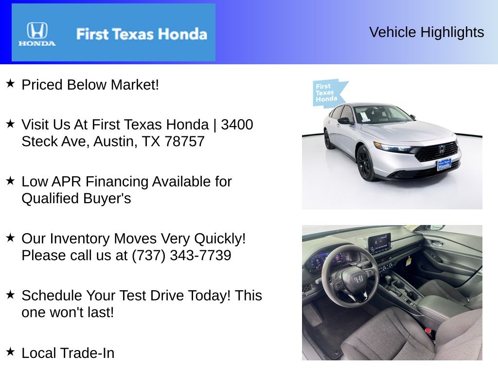 New Car 2025 Honda Accord  Se For Sale Under $35,000 In Austin, Texas