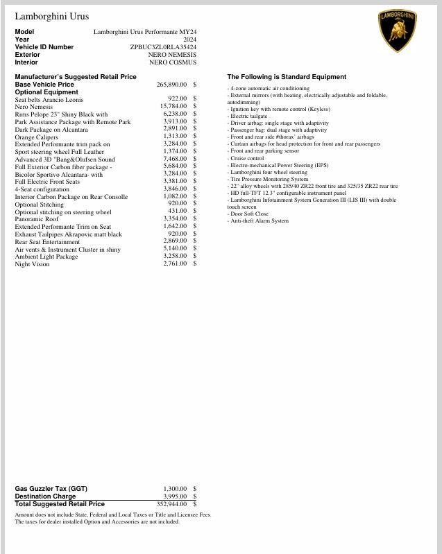Nero Nemesis Matt 2024 Lamborghini Urus Performante AWD SUV / Crossover All-Wheel Drive 8-Speed Automatic