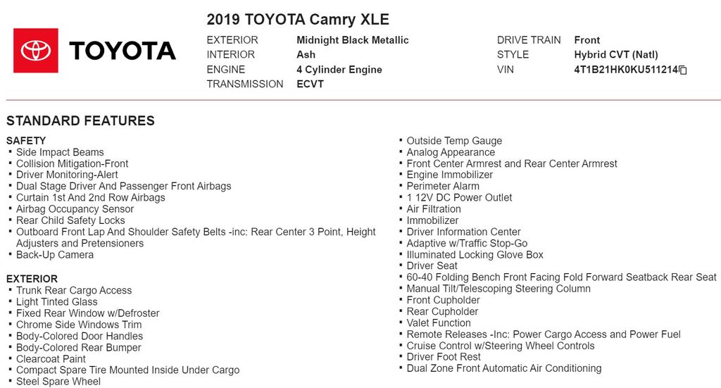 2019 Toyota Camry Hybrid XLE 19