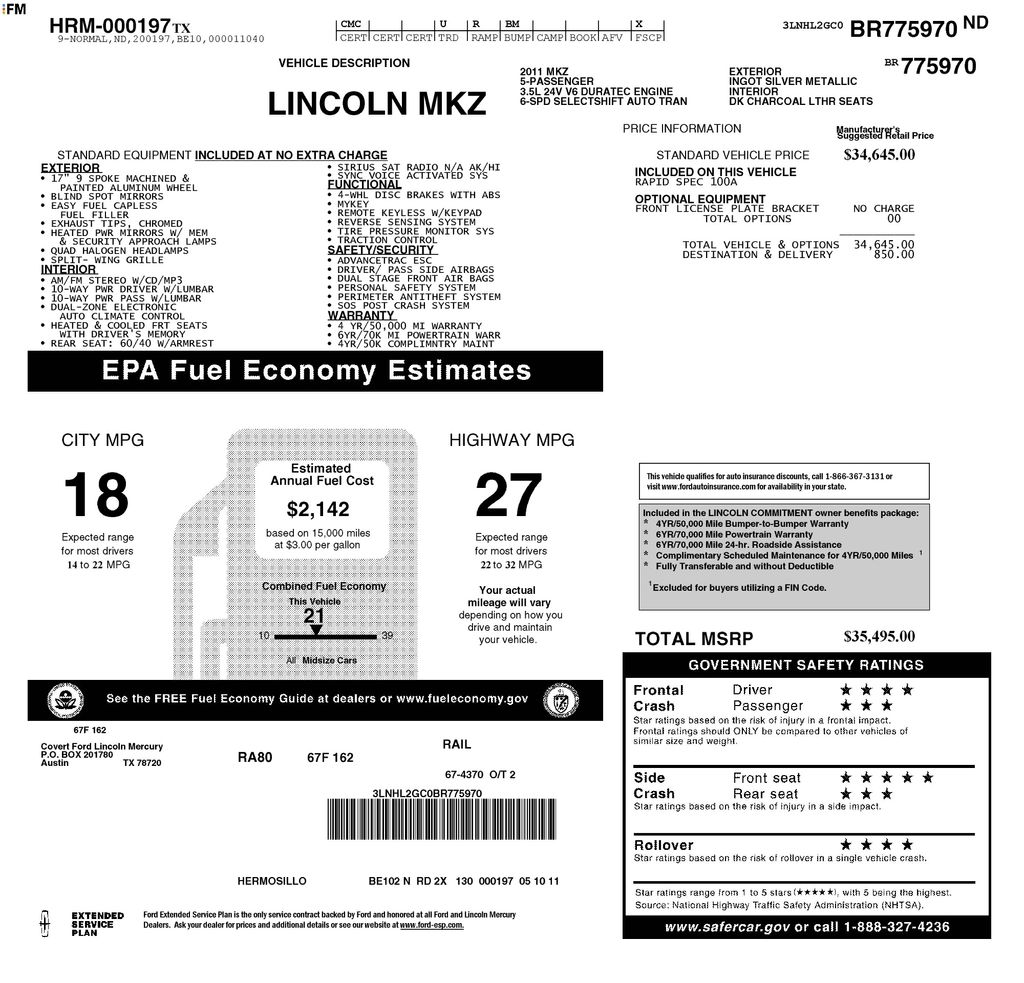 Used Car 2011 Lincoln Mkz  Base For Sale Under $12,000 In Austin, Texas