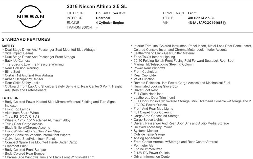 2016 Nissan Altima 2.5 SL 20