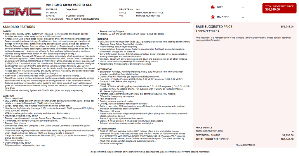 Onyx Black 2018 GMC Sierra 2500HD SLE Crew Cab SB 4WD Pickup Truck Four-Wheel Drive 6-Speed Automatic