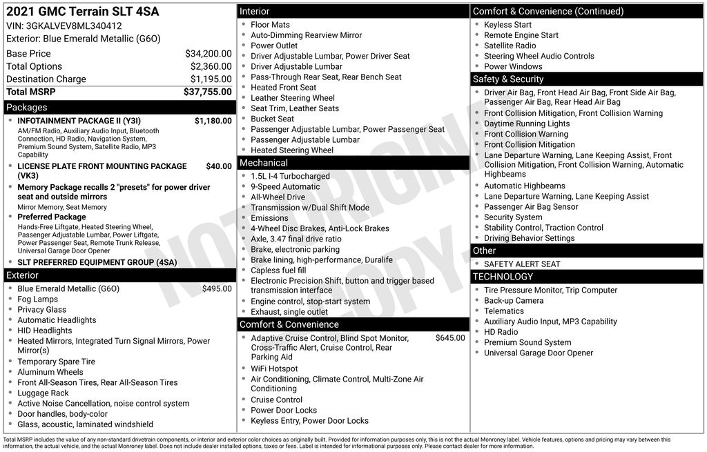 Blue Emerald Metallic 2021 GMC Terrain SLT AWD SUV / Crossover Four-Wheel Drive 9-Speed Automatic