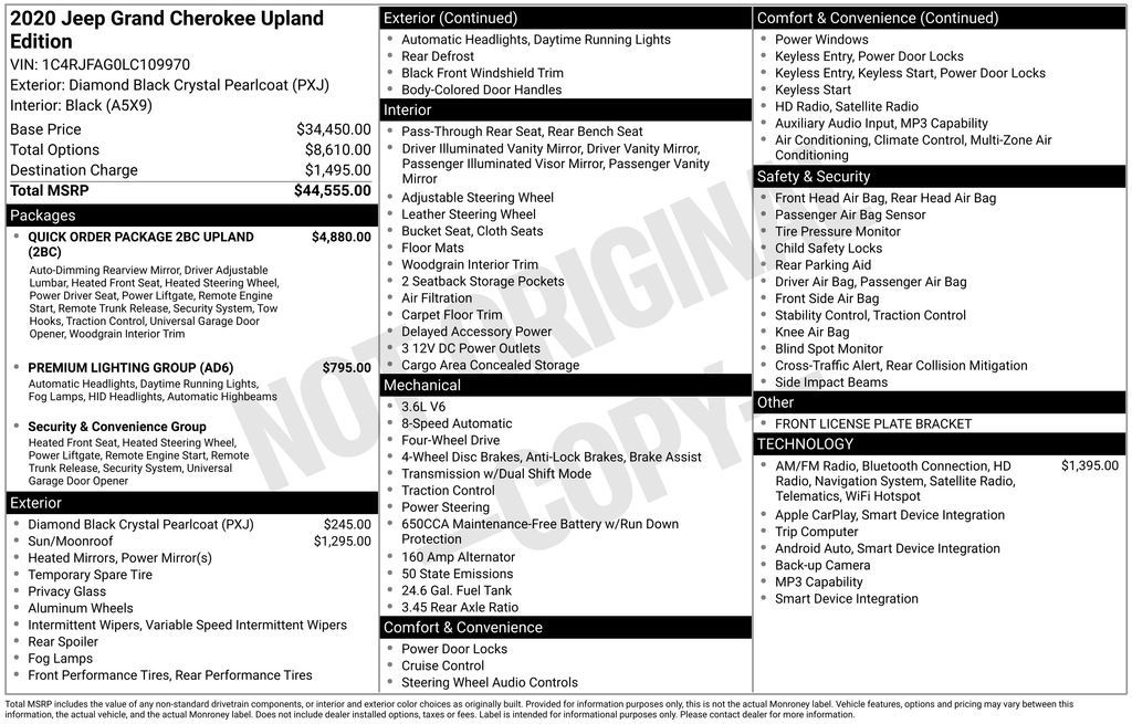 Diamond Black Crystal Pearlcoat 2020 Jeep Grand Cherokee Upland 4WD SUV / Crossover Four-Wheel Drive 8-Speed Automatic