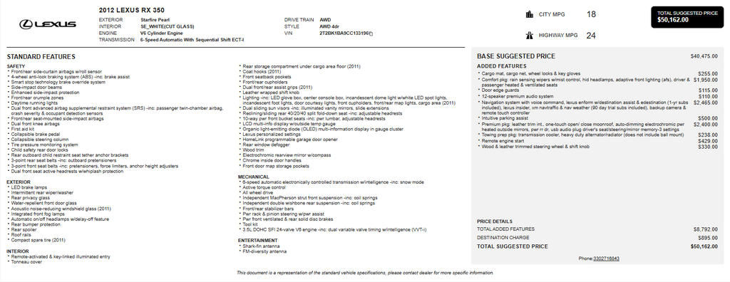 Starfire Pearl 2012 Lexus RX 350 AWD SUV / Crossover All-Wheel Drive 6-Speed Automatic