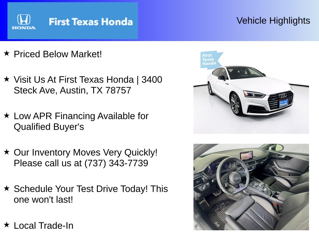 Used Car 2019 Audi A5 Sportback  Prestige For Sale Under $30,000 In Austin, Texas