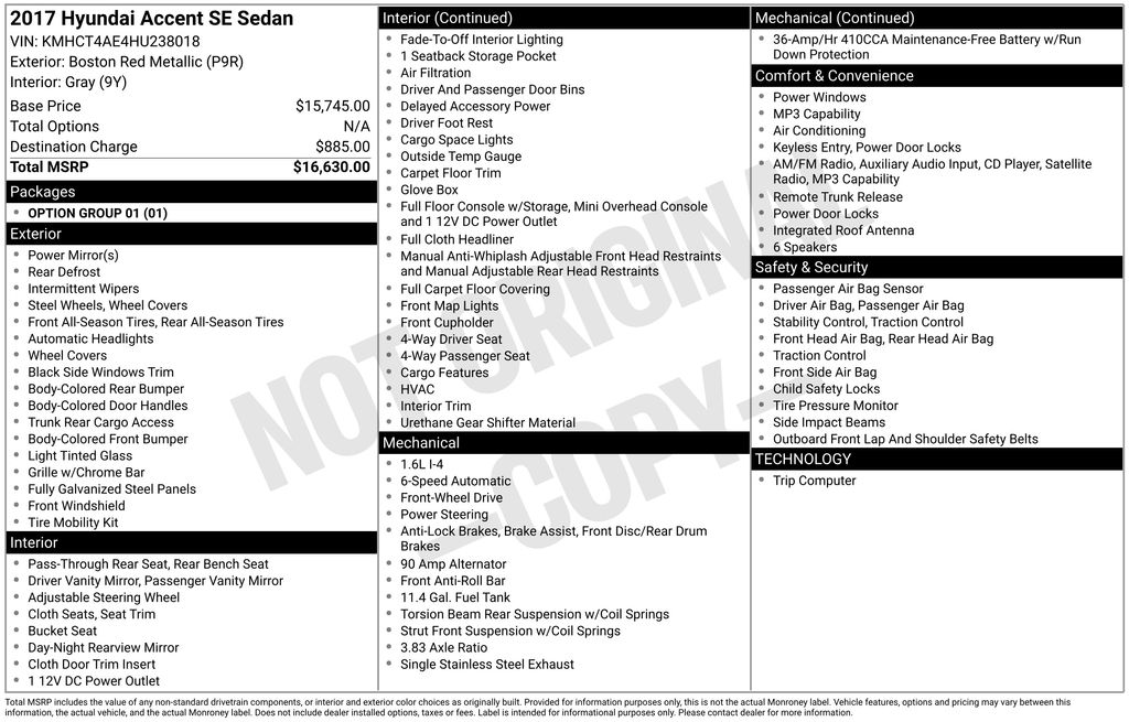 Boston Red Metallic 2017 Hyundai Accent Sedan Front-Wheel Drive 6-Speed Automatic