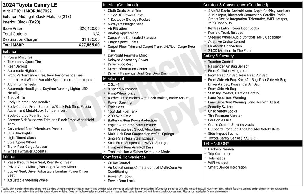 2024 Midnight Black Metallic Toyota Camry LE FWD Sedan