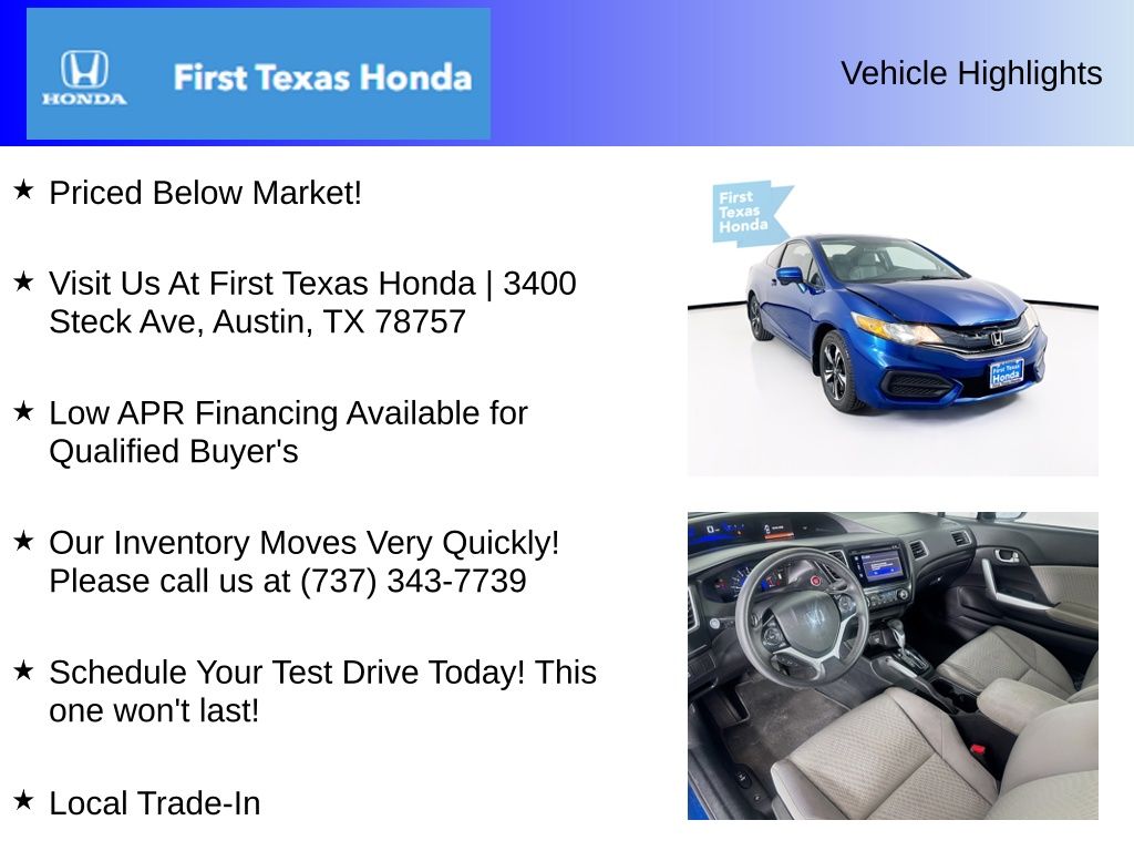 Used Car 2014 Honda Civic  Ex For Sale Under $15,000 In Austin, Texas