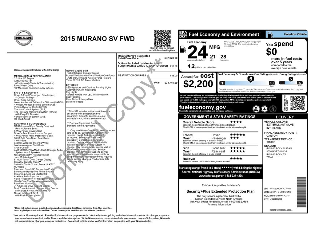 Used Car 2015 Nissan Murano  Sv For Sale Under $12,000 In Austin, Texas