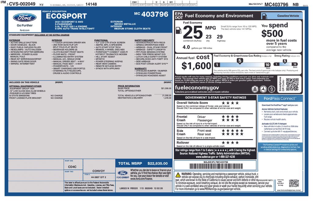 used 2021 Ford EcoSport car, priced at $14,300