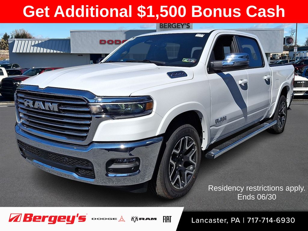 Bright White Clearcoat 2026 RAM 1500 Laramie Crew Cab 4WD Pickup Truck Four-Wheel Drive 8-Speed Automatic