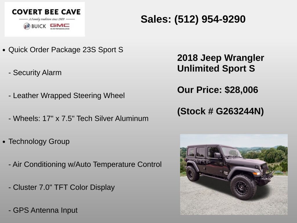 Used Car 2018 Jeep Wrangler  Unlimited Sport S For Sale Under $30,000 In Austin, Texas