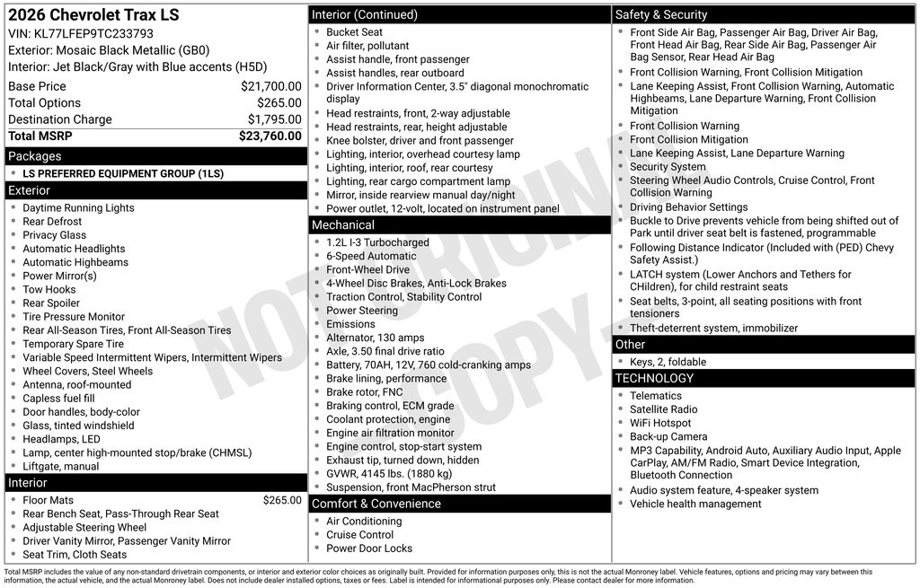 Mosaic Black Metallic 2026 Chevrolet Trax SUV / Crossover Front-Wheel Drive 6-Speed Automatic