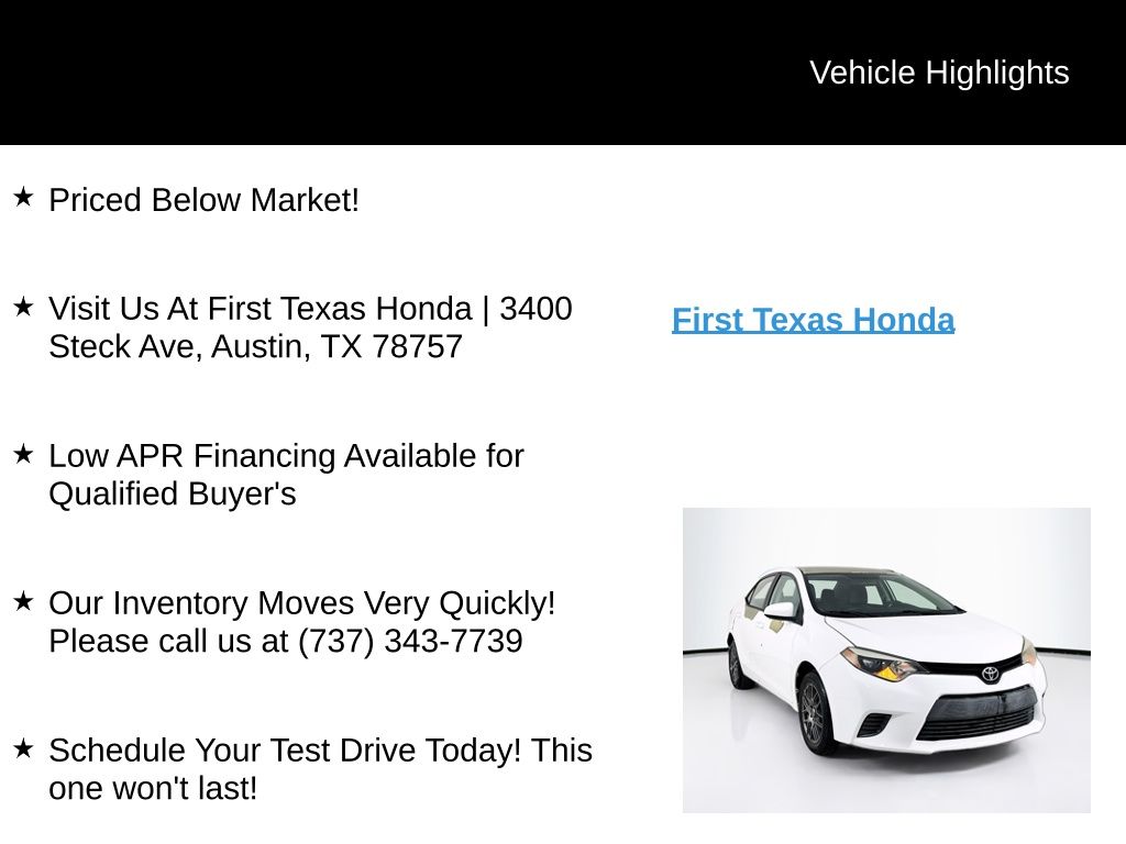 Used Car 2015 Toyota Corolla  Le For Sale Under $12,000 In Austin, Texas