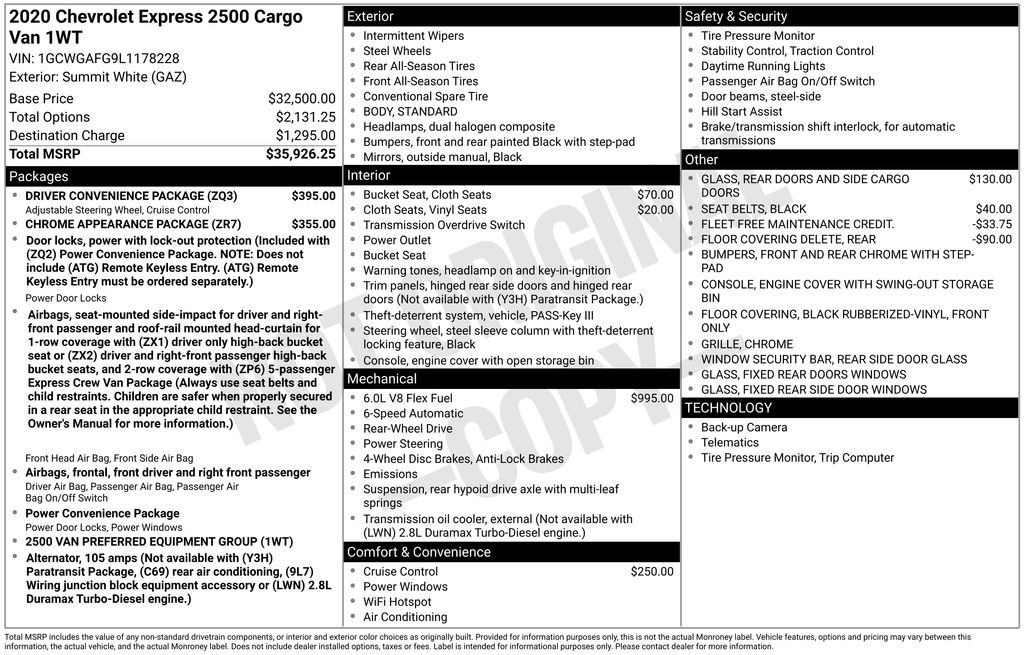 2020 Chevrolet Express Cargo RWD 2500 Regular Wheelbase WT
