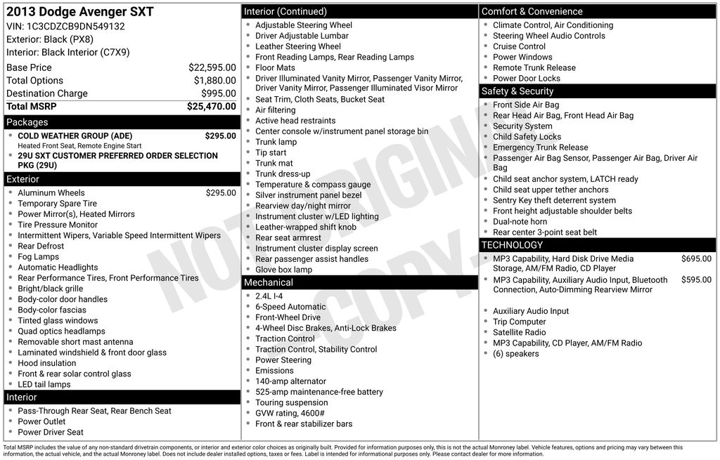 Black Clearcoat 2013 Dodge Avenger Sedan Front-Wheel Drive Automatic