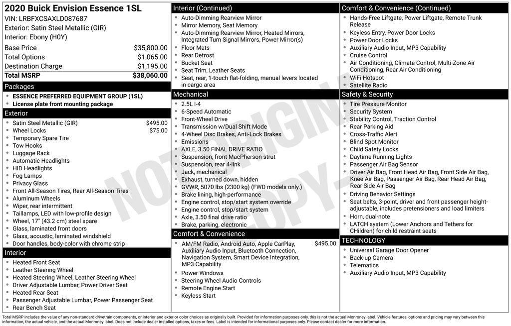 Satin Steel Gray Metallic 2020 Buick Envision SUV / Crossover Front-Wheel Drive 6-Speed Automatic