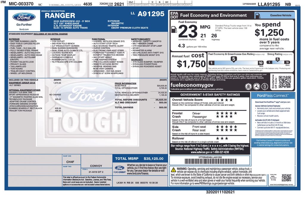 Gray (Magnetic) 2020 Ford Ranger Pickup Truck 4X2 Automatic