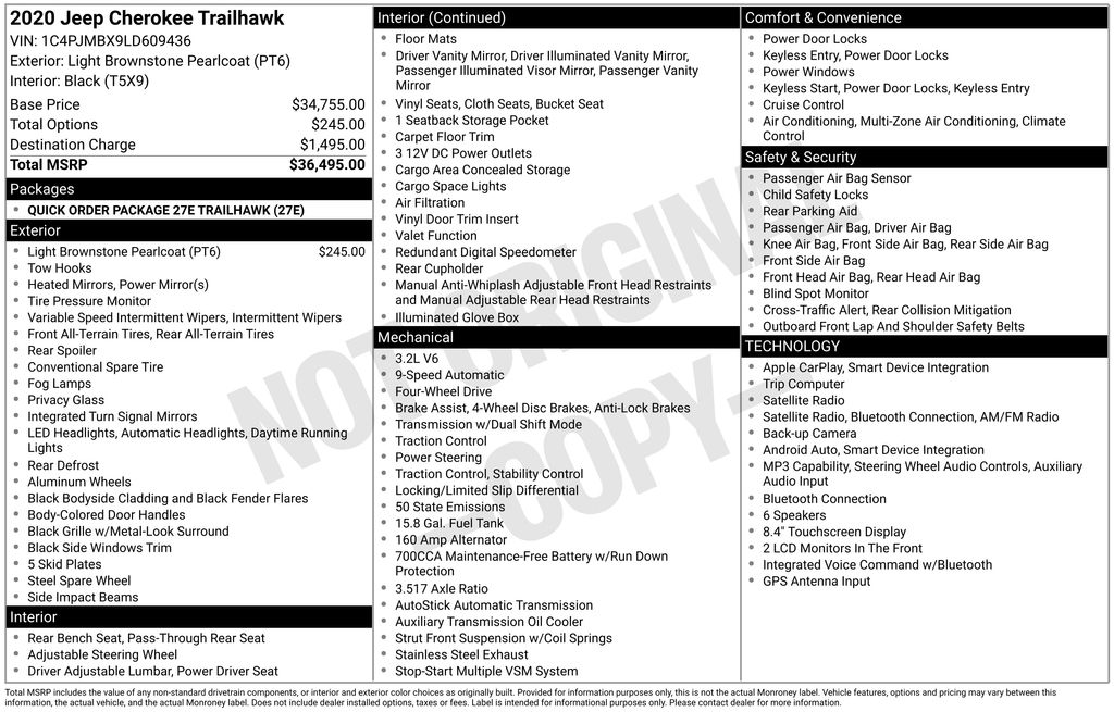 Light Brownstone Pearlcoat 2020 Jeep Cherokee Trailhawk 4WD SUV / Crossover Four-Wheel Drive 9-Speed Automatic