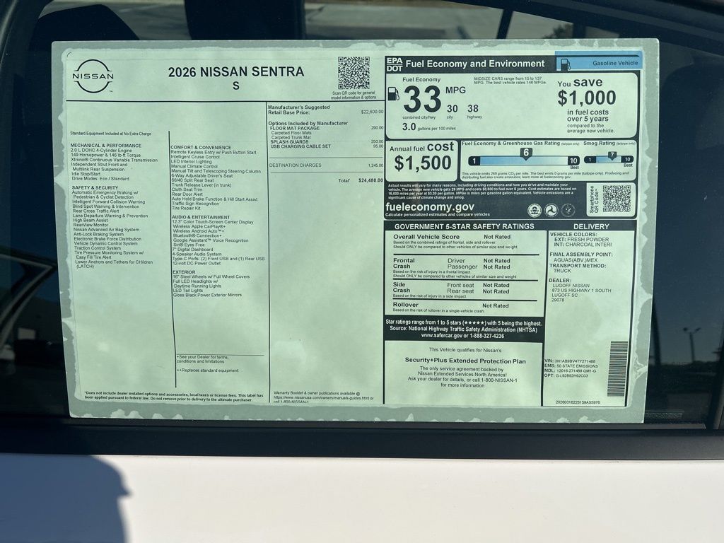 2026 Nissan Sentra S White at Lugoff Nissan
