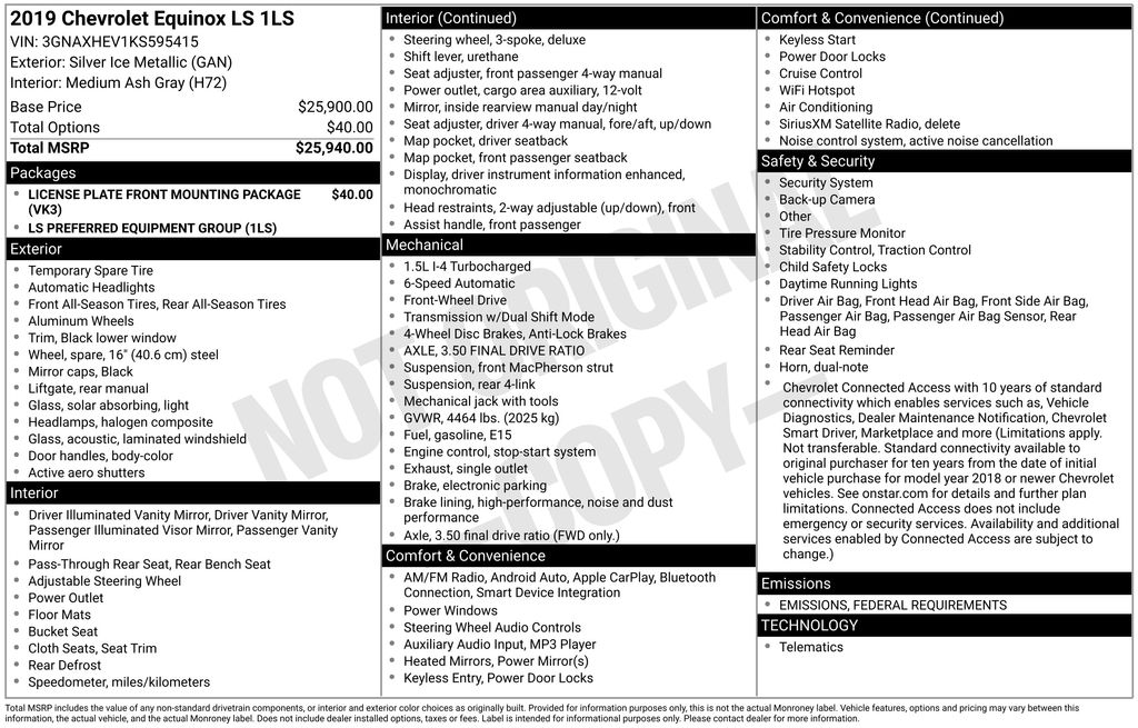 Used Car 2019 Chevrolet Equinox  Ls For Sale Under $20,000 In Austin, Texas