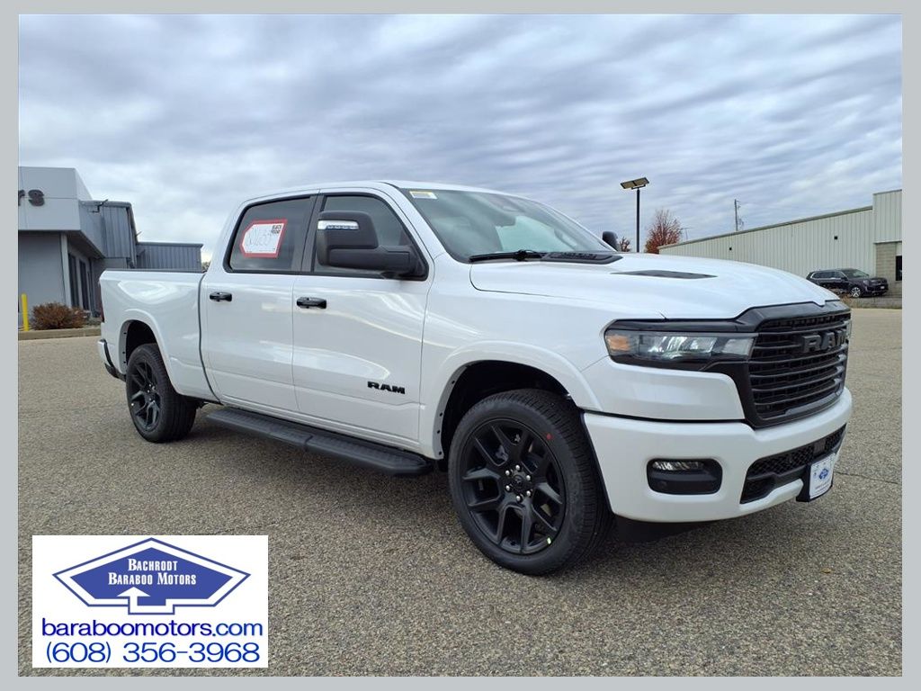 Ivory White Tri-Coat Pearlcoat 2026 RAM 1500 Laramie Crew Cab 4WD Pickup Truck Four-Wheel Drive 8-Speed Automatic
