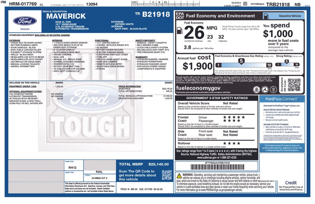 2026 Oxford White Ford Maverick XL FWD Truck