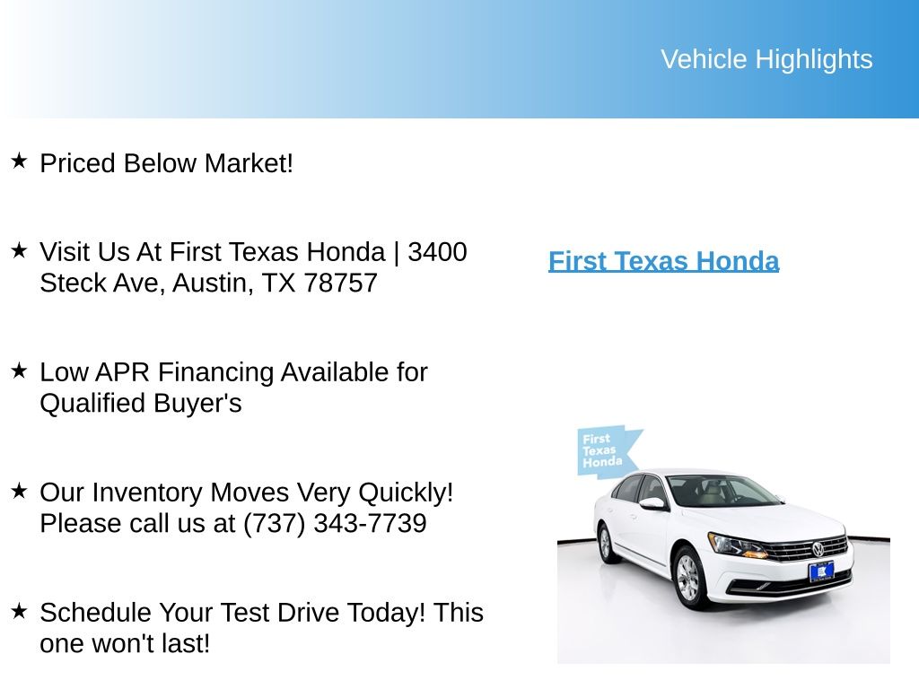 Used Car 2017 Volkswagen Passat  1.8t S For Sale Under $10,000 In Austin, Texas