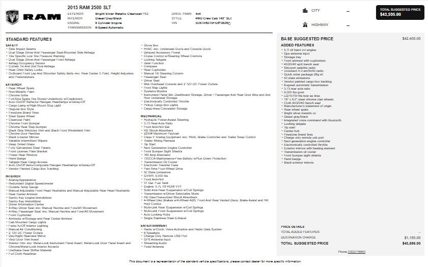 2015 RAM 2500 SLT Crew Cab 4WD