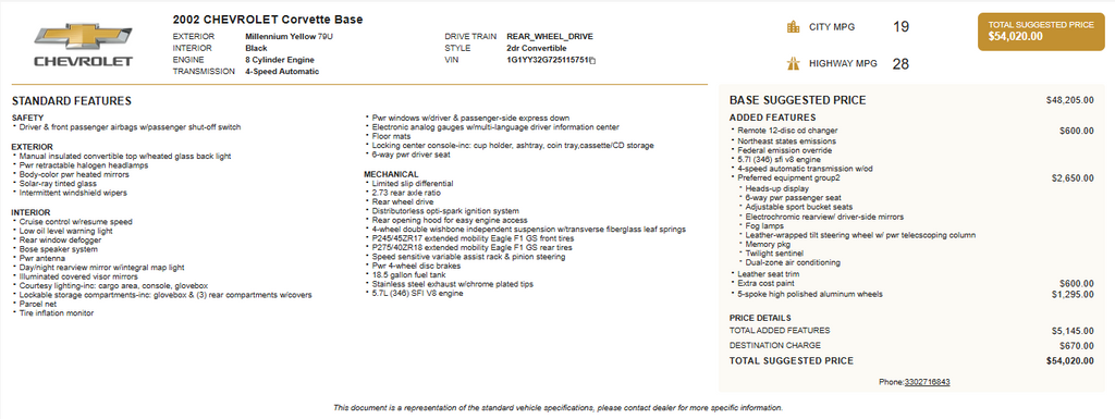 Millennium Yellow 2002 Chevrolet Corvette Convertible RWD Convertible Rear-Wheel Drive 4-Speed Automatic