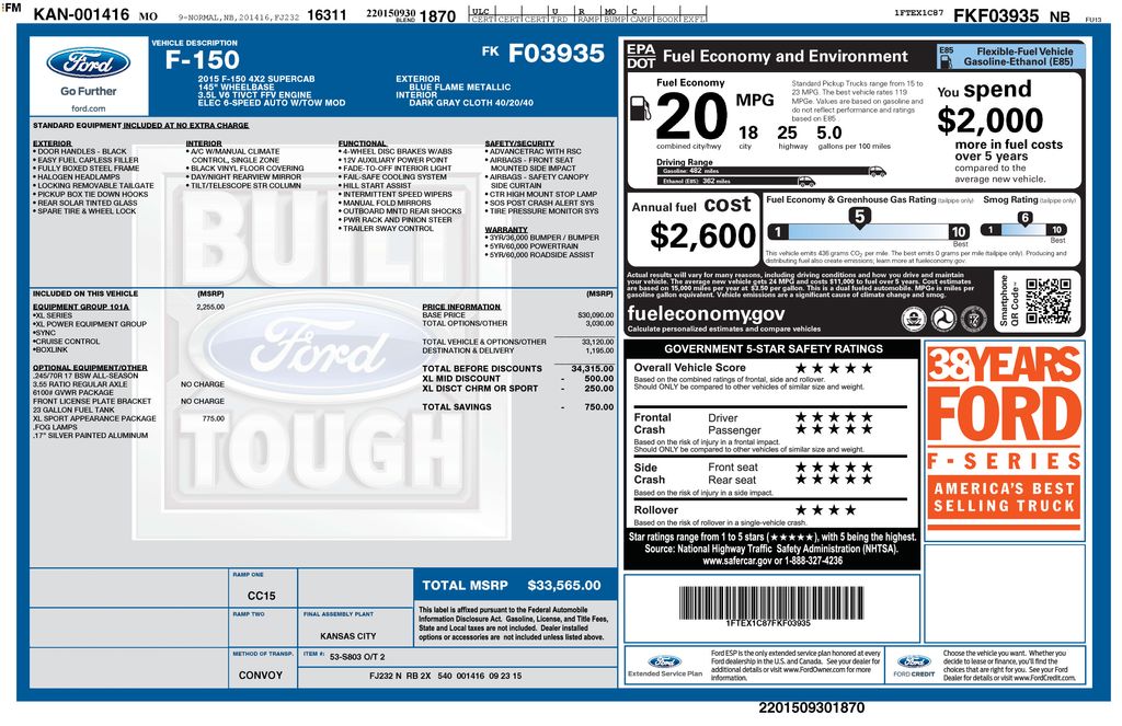 Blue Flame Metallic 2015 Ford F-150 Pickup Truck 4X2 6-Speed Automatic