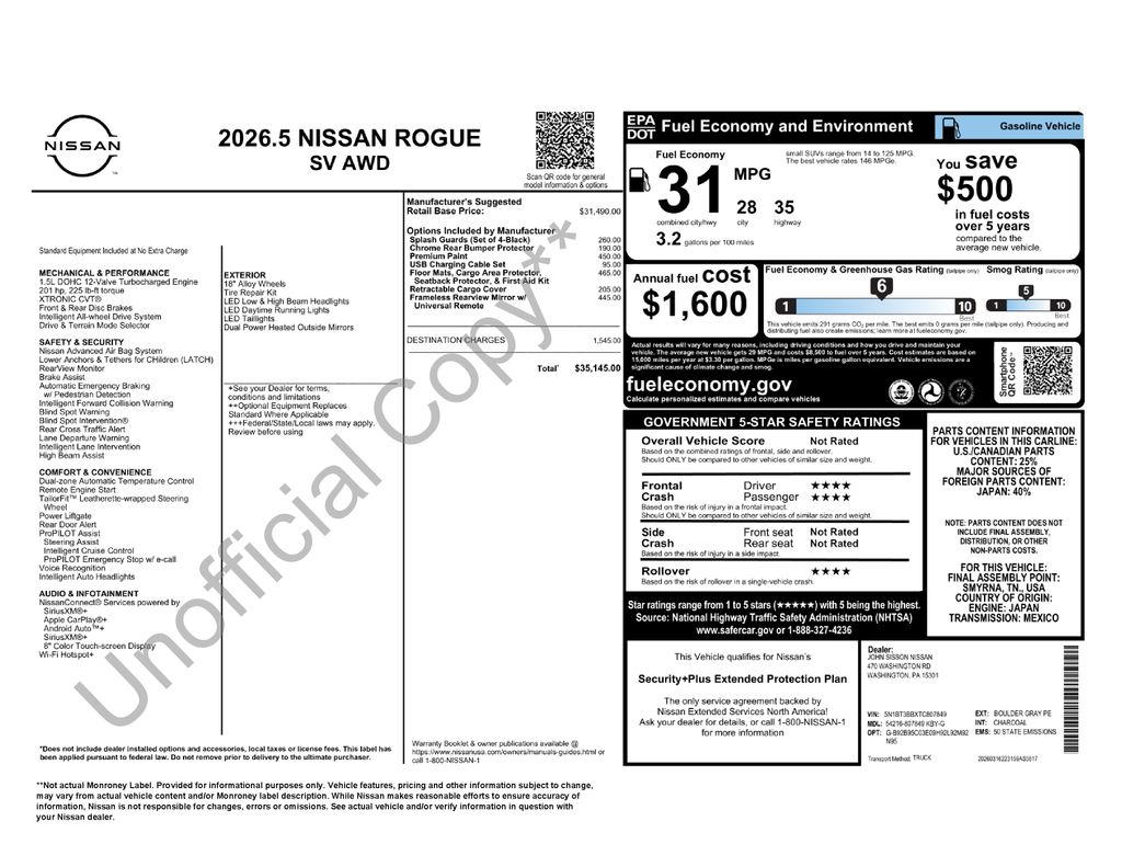2026 Nissan Rogue SV Gray at John Sisson Motors