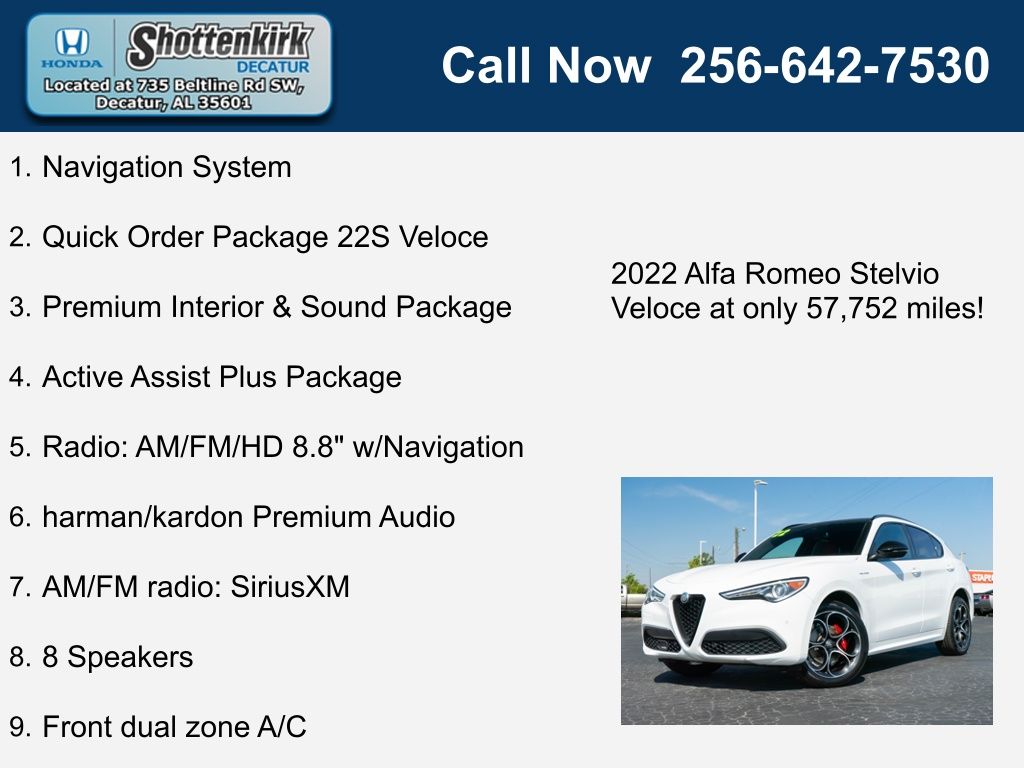 Used 2022 Alfa Romeo Stelvio Ti Veloce with VIN ZASPAKBN1N7D30171 for sale in Decatur, AL