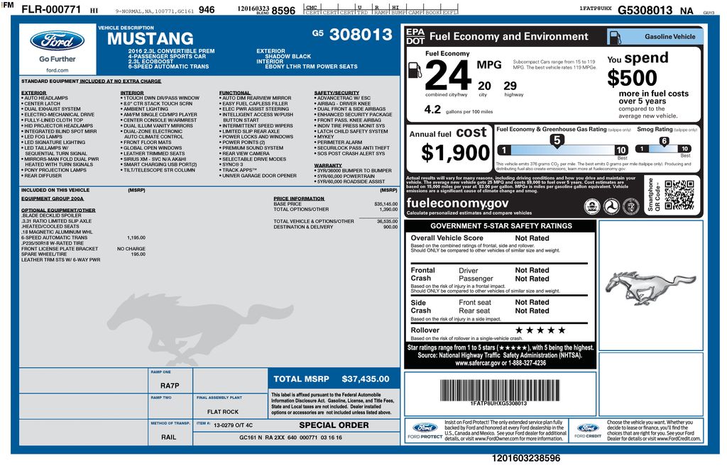 Used 2016 Ford Mustang EcoBoost Premium with VIN 1FATP8UHXG5308013 for sale in New Smyrna Beach, FL