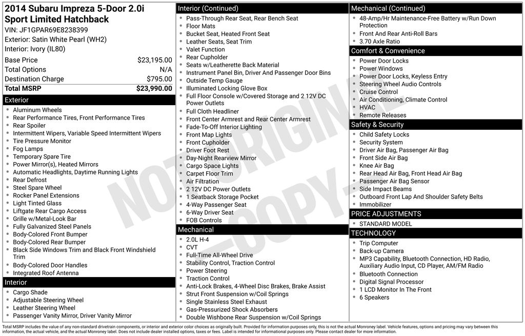 2014 Subaru Impreza 2.0I Sport Limited