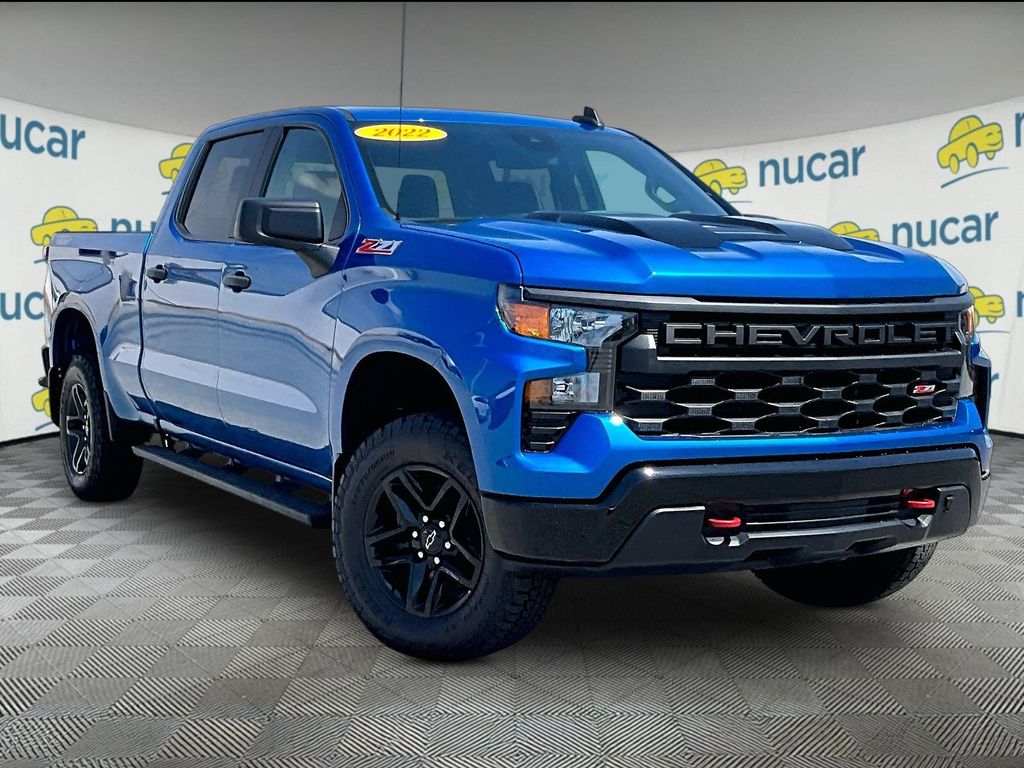 Blue 2022 Chevrolet Silverado 1500 Custom Trail Boss Crew Cab 4WD Pickup Truck Four-Wheel Drive 8-Speed Automatic