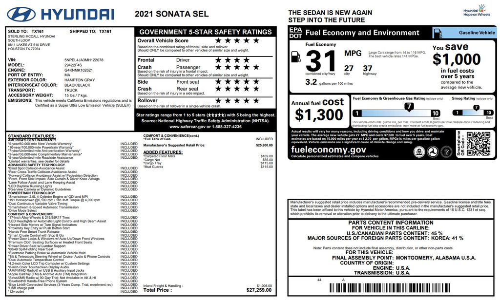 2021 Hyundai Sonata SEL Gray at Bayshore Chrysler Jeep Dodge Ram