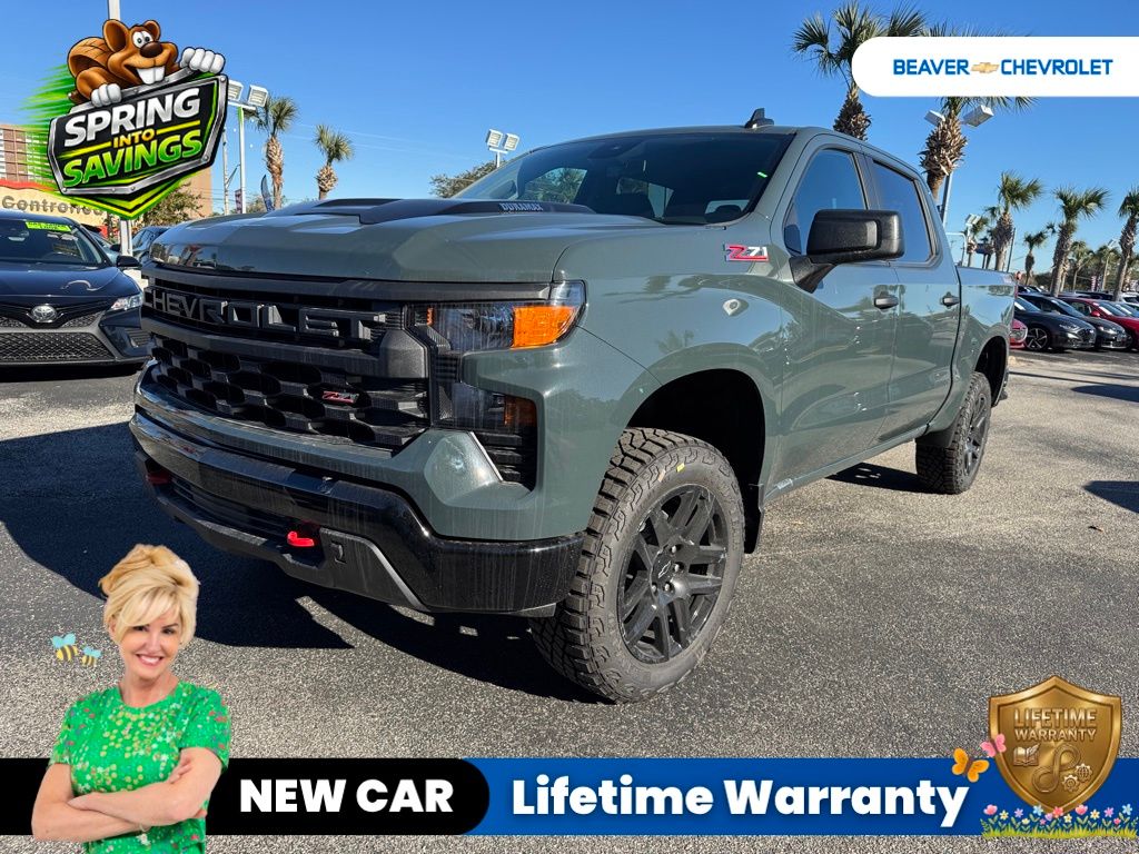 Cypress Gray 2025 Chevrolet Silverado 1500 Custom Trail Boss Crew Cab 4WD Pickup Truck Four-Wheel Drive 8-Speed Automatic