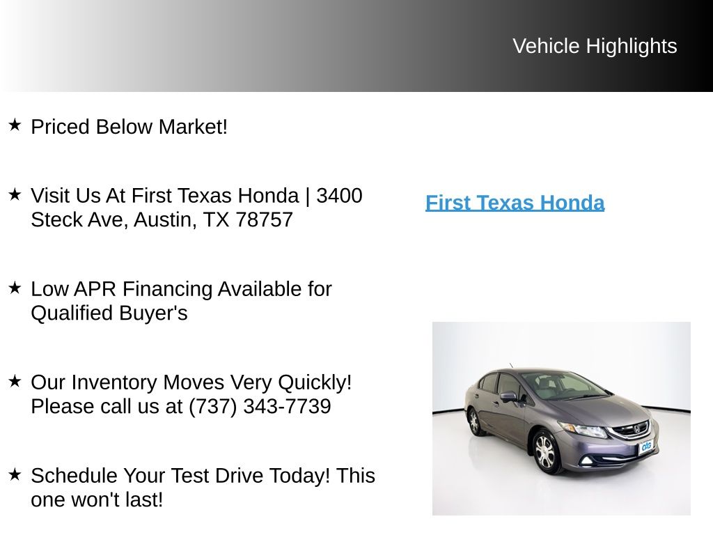 Used Car 2014 Honda Civic  Hybrid For Sale Under $12,000 In Austin, Texas