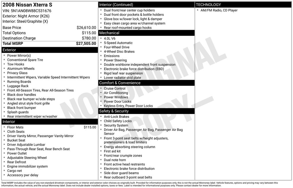 Night Armor 2008 Nissan Xterra SUV / Crossover 5-Speed Automatic