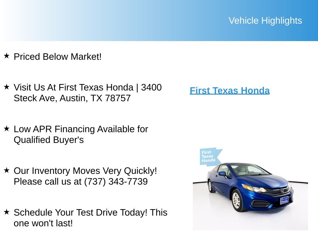 Used Car 2014 Honda Civic  Lx For Sale Under $10,000 In Austin, Texas