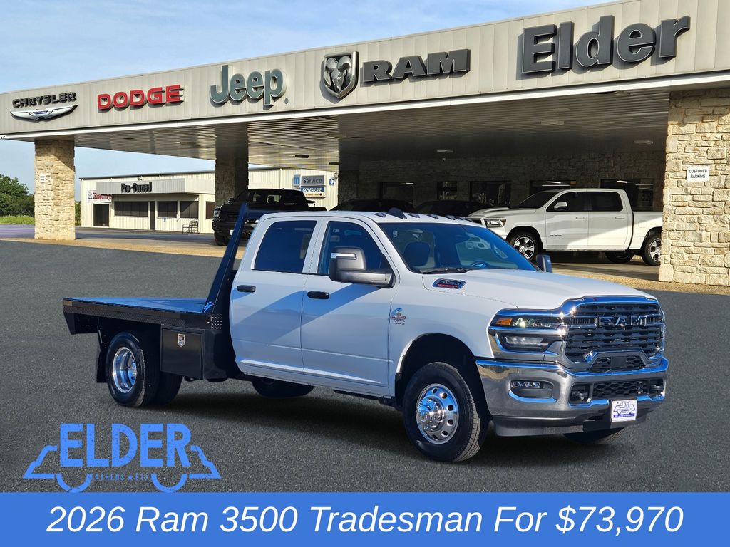 Bright White Clearcoat 2026 RAM 3500 Chassis Tradesman Crew Cab LB DRW 4WD Pickup Truck Four-Wheel Drive 8-Speed Automatic