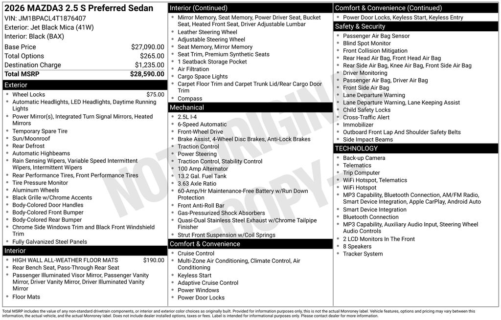Jet Black 2026 Mazda MAZDA3 2.5 S Preferred Sedan FWD Sedan Front-Wheel Drive 6-Speed Automatic