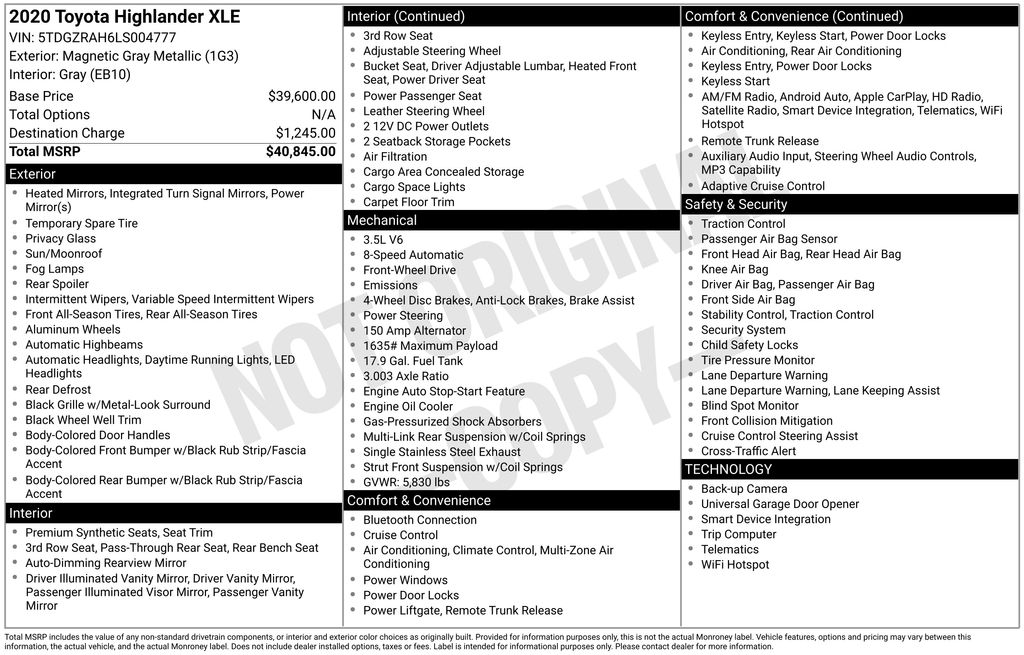 2020 Toyota Highlander XLE 4x2 V6's photo