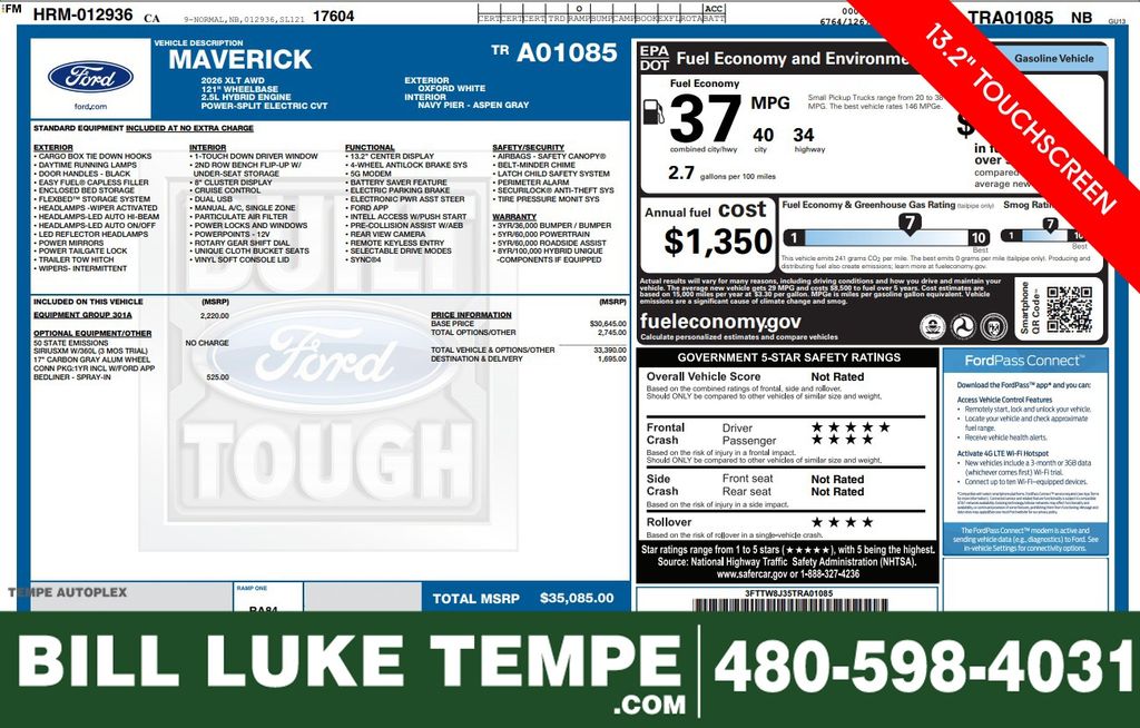 Oxford White 2026 Ford Maverick XLT SuperCrew AWD Pickup Truck All-Wheel Drive Continuously Variable Transmission