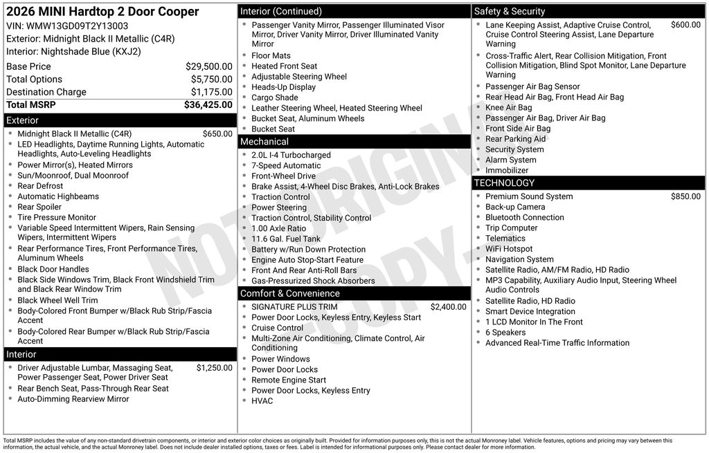 Midnight Black 2026 MINI Cooper Hatchback Front-Wheel Drive 7-Speed Automatic