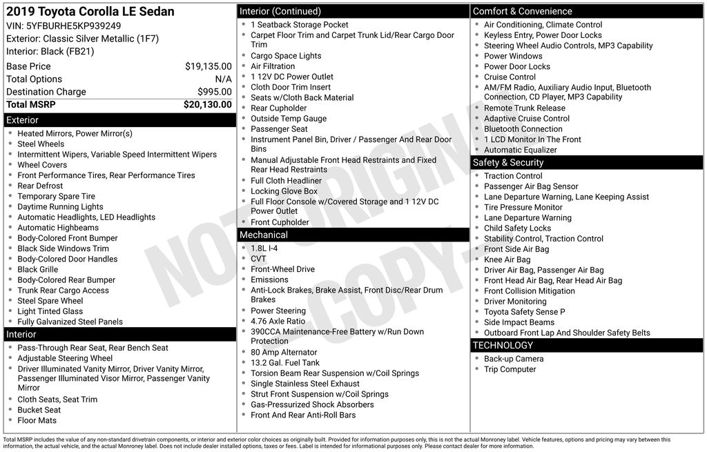 Used Car 2019 Toyota Corolla  Le For Sale Under $15,000 In Austin, Texas