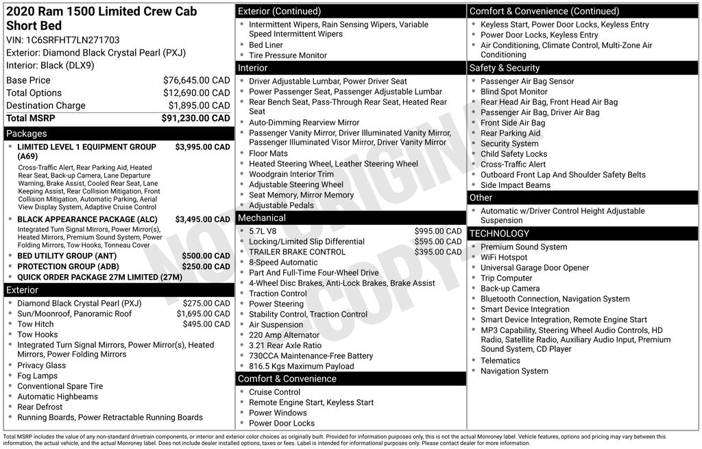 Diamond Black Crystal Pearlcoat 2020 RAM 1500 Limited Crew Cab 4WD Pickup Truck Four-Wheel Drive 8-Speed Automatic